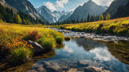 Panoramic view of alpine meadow and mountain river. Picturesque summer landscape.