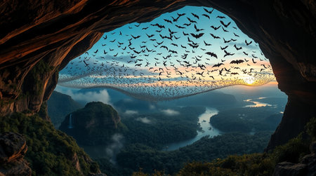 Huge flock of bats flying in a cave at the sunset.の写真素材