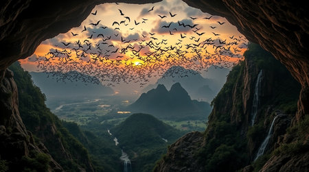Flock of birds flying in the cave at sunset, 3d renderingの写真素材