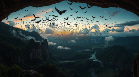 Flock of birds flying in the cave at sunset.