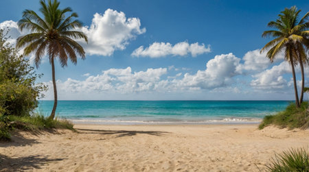 Tropical beach with palm trees, blue sky and white clouds