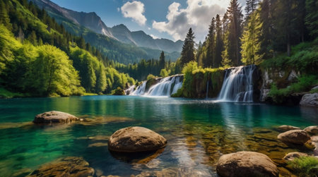 Panoramic view of beautiful waterfall in the mountains. Summer landscapeの写真素材