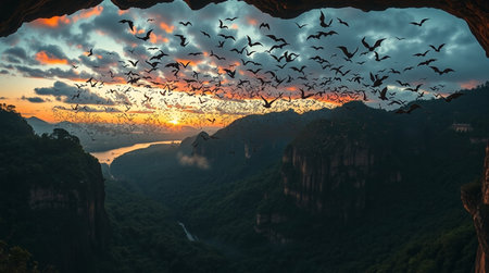 Panoramic view of karst mountains with flying birds.の写真素材