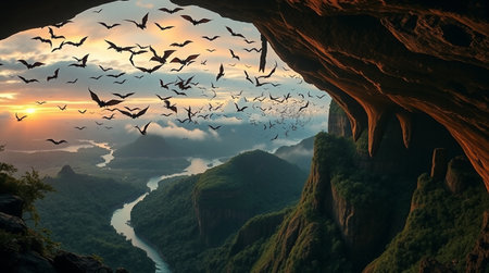 Landscape view of cave with flying birds at sunsetの写真素材