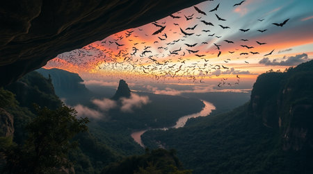Birds flying in the cave at sunrise. Panoramic viewの写真素材
