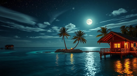 3D render of a tropical island in the sea at night.の写真素材