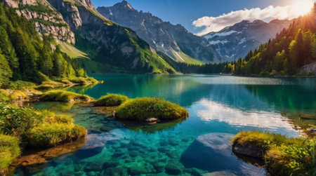Panoramic view of idyllic alpine lake with clear turquoise water, green forest and high mountains in background. Picturesque spring landscape.の写真素材