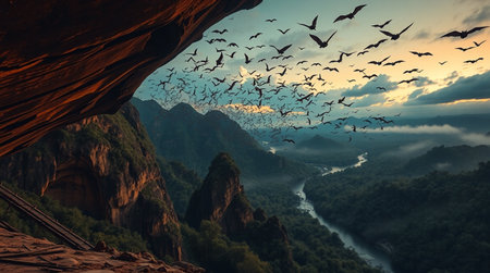 Landscape with a cave and birds flying in the sky.の写真素材
