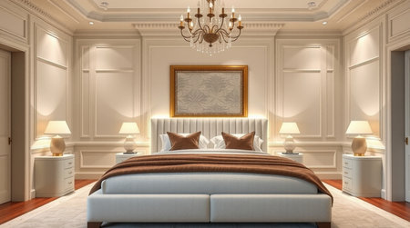 3d rendering luxury bedroom suite in classic style with golden frame.の写真素材
