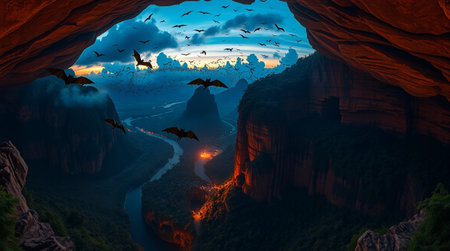 Bats flying in a cave at sunset.の写真素材
