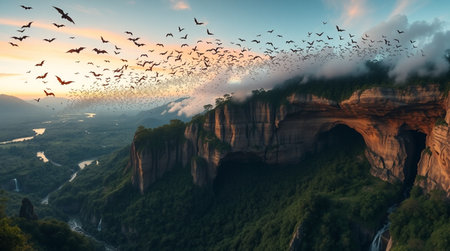 Flock of birds flying over sandstone cliffsの写真素材