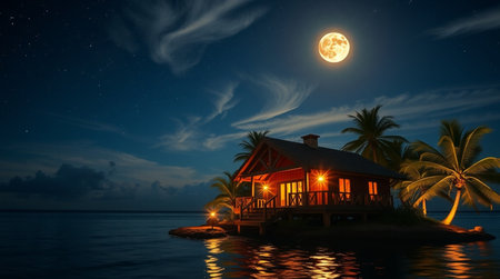 tropical house on the island at night with full moon 3d renderの写真素材