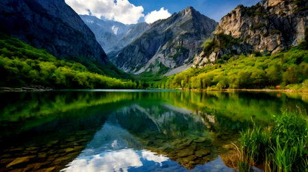 Mountain lake with reflection in the water, Altai, Russiaの写真素材