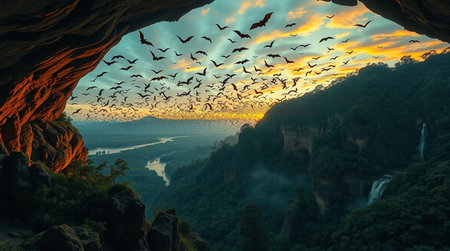 Beautiful sunset in a cave with birds flying over the river.の写真素材