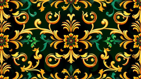 Seamless pattern with gold and green ornament on a black backgroundの写真素材