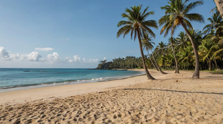 Panoramic view of a tropical beach with palm trees and sandの写真素材