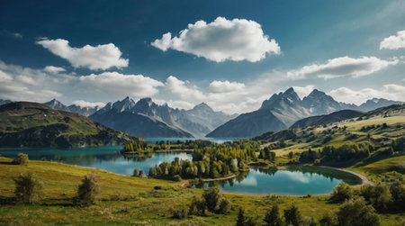 Panoramic view of beautiful alpine lake with mountains in backgroundの写真素材