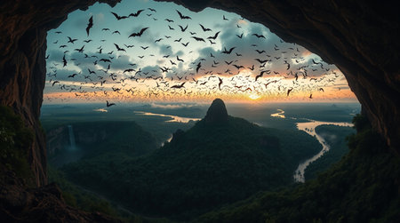 Birds flying in the cave at sunrise, Vang Vieng, Laosの写真素材
