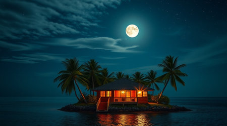 House on a small island in the sea at night with full moonの写真素材