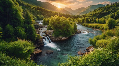 Mountain river in summer. Beautiful nature landscape with a waterfall.の写真素材