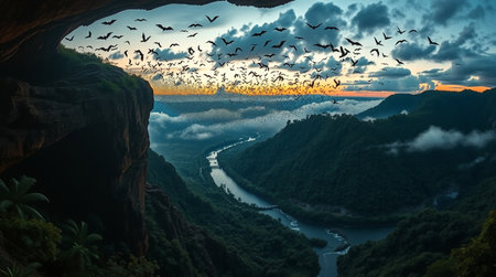 Panoramic view of the river from the cave at sunset.の写真素材