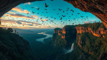 Birds flying in the cave at sunset, Swaziland.の写真素材