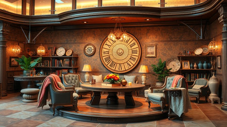 3D rendering of a luxury hotel lobby with clock and armchairs