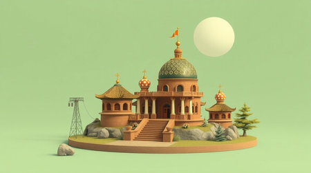 3d illustration of a fantasy castle on a green background with a moonの写真素材