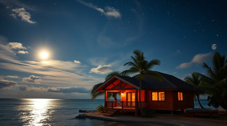 3D CG rendering of villa on the beach with moonlightの写真素材