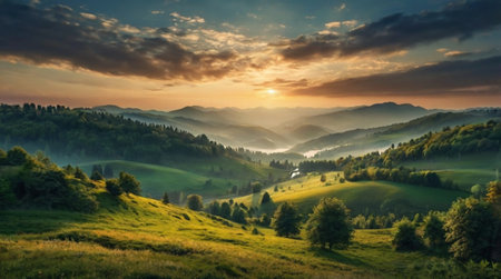 Majestic sunset in the mountains landscape. Dramatic sky. Carpathian, Ukraine, Europe. Beauty world.の写真素材
