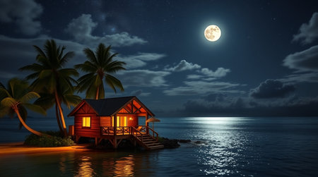 Wooden house on a tropical island in the ocean at night with full moonの写真素材