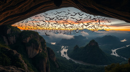 Birds flying in cave at sunriseの写真素材