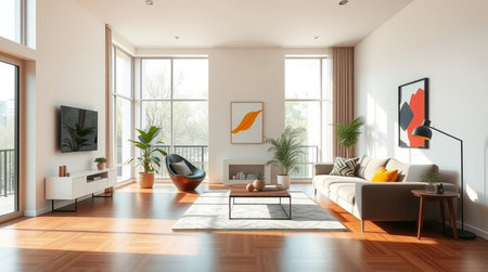 Interior of modern living room with brown sofa 3d render illustration