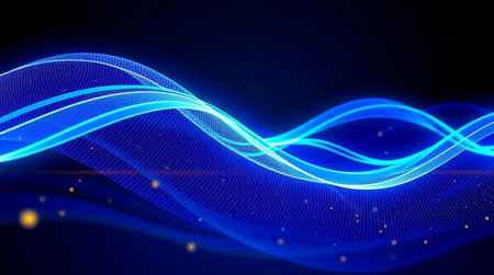 Abstract blue background with glowing lines and particles. 3d illustration.