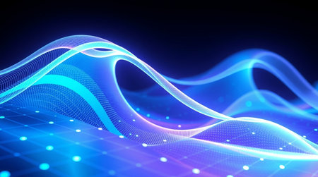 3d render, abstract background, blue wave, glowing lines, technology background