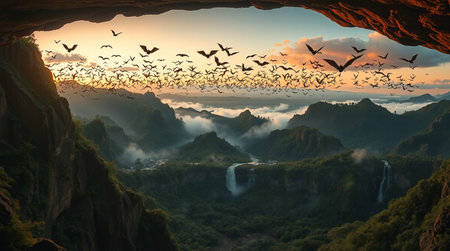 Flock of birds flying in the cave above the waterfall at sunriseの写真素材