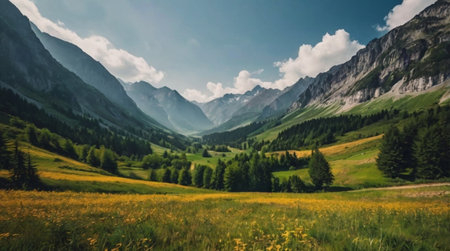 Panoramic view of alpine meadow and mountains in summerの写真素材