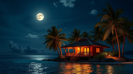 tropical house on the seashore at night with full moonの写真素材