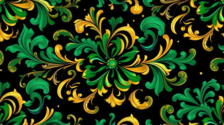 Seamless pattern with gold and green flowers on a black background