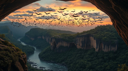 Flock of birds flying over a cave in the mountains at sunsetの写真素材