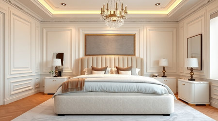 3d rendering luxury classic style bedroom suite in hotel with white walls