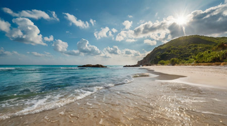 Panorama of a beautiful sandy beach on the island of Sardiniaの写真素材