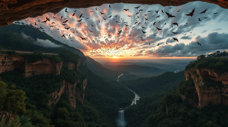 Sunset in the cave with birds flying over the river in the mountainsの写真素材