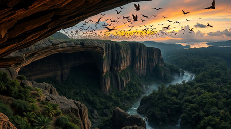 Panoramic view of sandstone cliffs and river with birds at sunsetの写真素材