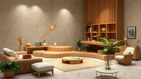 Interior living room with armchairs and wooden bookcase - rendering