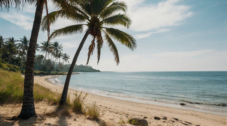 Palm trees on the sandy beach on the island of Sri Lankaの写真素材