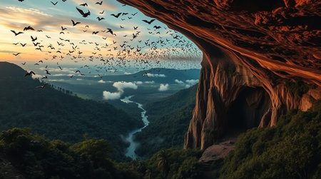 Beautiful landscape of the cliff with birds flying in the sky.の写真素材