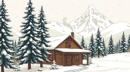 Wooden house in the mountains. Winter landscape. Vector illustration.の写真素材