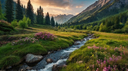 Beautiful summer landscape with mountain river and pink flowers in the foreground