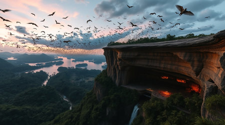 Panoramic view of the waterfall with birds flying in the skyの写真素材